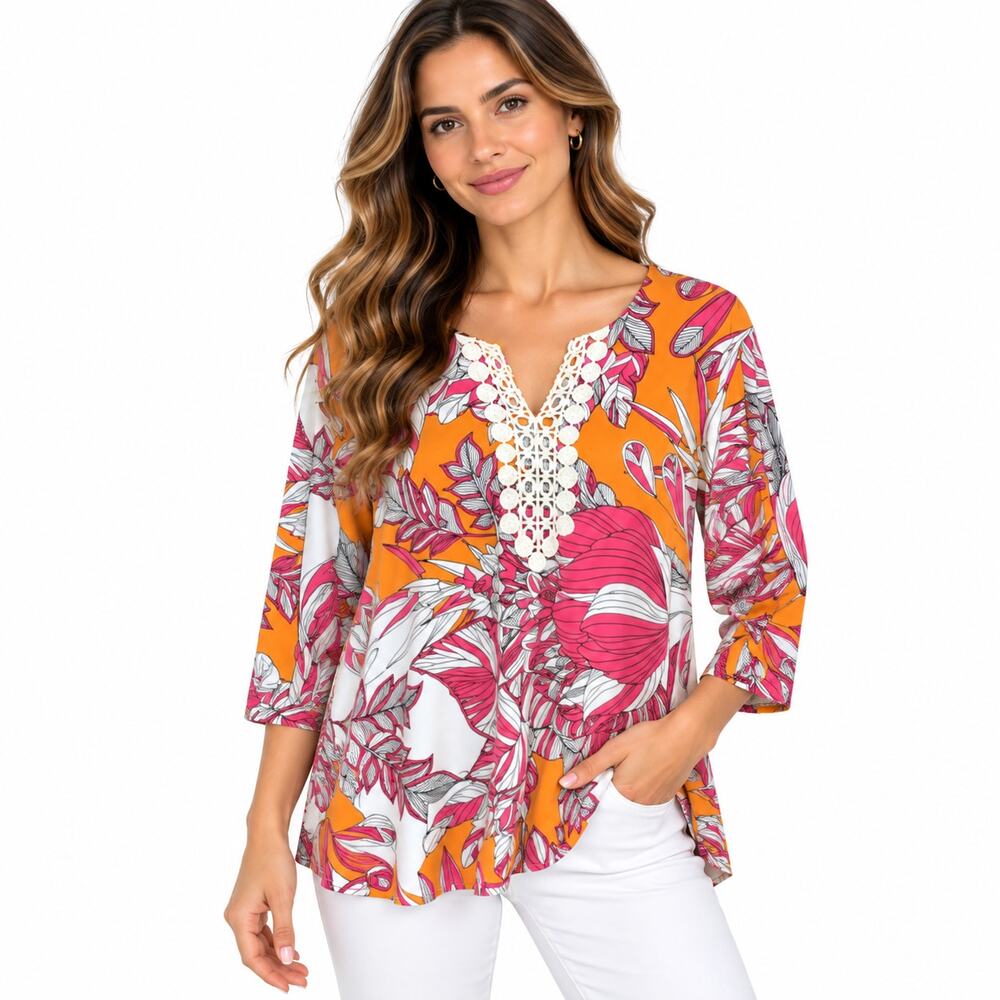 Susan Graver Liquid Knit Blouse Women's Size 1X Orange Pink Floral Crochet Boho